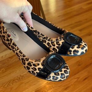 Clarks Animal Print Flats with Glossy Black Buckle